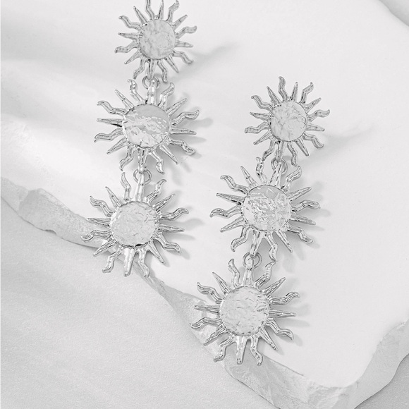 Silver Triple Sun Dangle Earrings - Picture 5 of 12